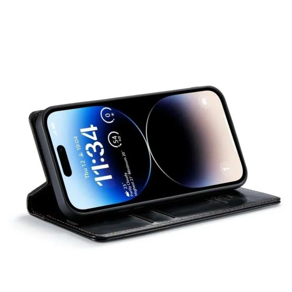 CaseMe Black iPhone 15 Pro Max Soft PU Leather Flip Wallet Case with 2 Credit Ca